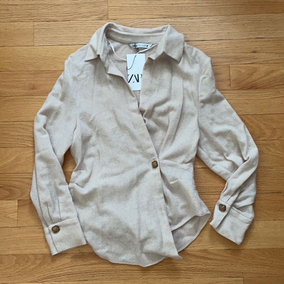Zara Double Breasted Button Shirt Cream - Picture 6 of 8